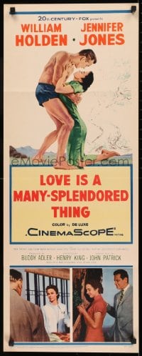 9c786 LOVE IS A MANY-SPLENDORED THING insert 1955 romantic art of William Holden & Jennifer Jones!