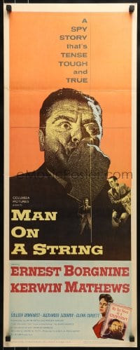 9c802 MAN ON A STRING insert 1960 art of Ernest Borgnine, who spent ten years as a counterspy!