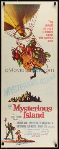 9c824 MYSTERIOUS ISLAND insert 1961 Ray Harryhausen, Jules Verne sci-fi, cool hot-air balloon art!