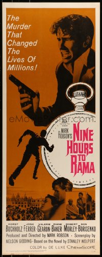 9c831 NINE HOURS TO RAMA insert 1963 Saul Bass-like art of man running over pocket watch!