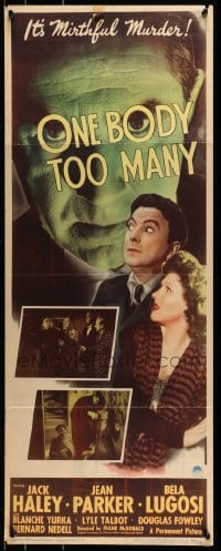 9c841 ONE BODY TOO MANY insert 1944 huge spooky headshot of Bela Lugosi peeking through title!