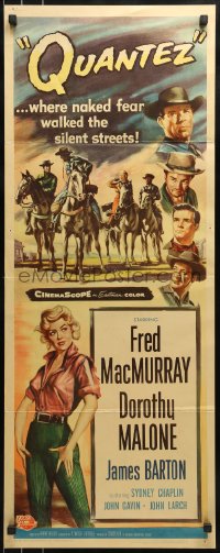 9c871 QUANTEZ insert 1957 artwork of Fred MacMurray & sexy Dorothy Malone with torn shirt!