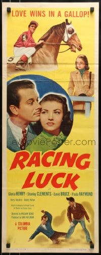 9c873 RACING LUCK insert 1948 Gloria Henry, David Bruce, jockey Stanley Clements, horse racing!