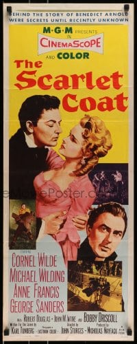9c894 SCARLET COAT insert 1955 romantic art of Cornel Wilde & Anne Francis, John Sturges directed!