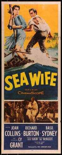 9c896 SEA WIFE insert 1957 great castaway art of sexy Joan Collins & Richard Burton on raft at sea!
