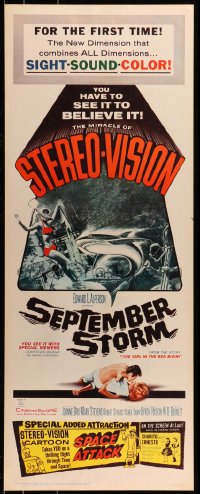 9c901 SEPTEMBER STORM insert 1960 art of sexy scuba diver attacked by shark, in Stereo-Vision!