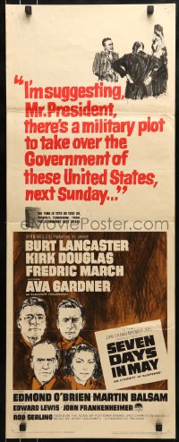 9c903 SEVEN DAYS IN MAY insert 1964 art of Burt Lancaster, Kirk Douglas, Fredric March & Gardner!