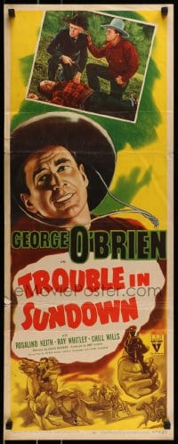 9c962 TROUBLE IN SUNDOWN insert R1947 cool artwork of cowboy George O'Brien pointing revolver!