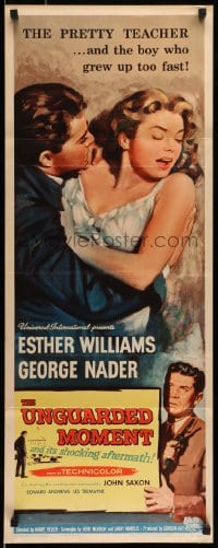 9c965 UNGUARDED MOMENT insert 1956 close up art of teacher Esther Williams threatened by John Saxon!