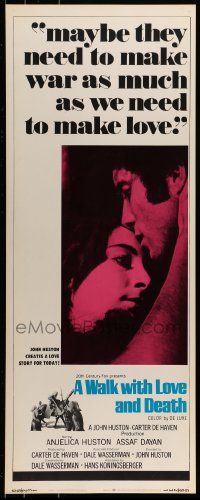 9c971 WALK WITH LOVE & DEATH insert 1969 John Huston, Anjelica Huston romantic close up!