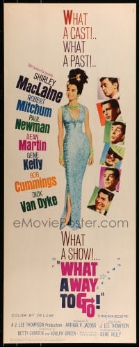 9c977 WHAT A WAY TO GO insert 1964 Paul Newman, Mitchum, Dean Martin, full-length Shirley MacLaine!