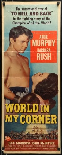 9c992 WORLD IN MY CORNER insert 1956 champion boxer Audie Murphy in ring & w/ Barbara Rush!