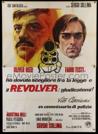 9f263 REVOLVER Italian 2p 1973 different Serafini art of Oliver Reed & Testi pointing gun!