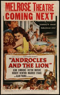 9f284 ANDROCLES & THE LION WC 1952 artwork of Victor Mature holding Jean Simmons in Ancient Rome!