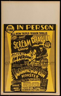 9f366 GIANT CHILLER-DILLER SCREAM SHOW Benton Spook Show WC 1960s Dracula, Wolf Man & Frankenstein!