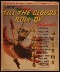 9f495 TILL THE CLOUDS ROLL BY WC 1946 wonderful art of sexy showgirl w/umbrella dancing in rain!