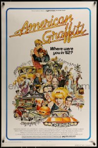 9g132 AMERICAN GRAFFITI 1sh 1973 George Lucas teen classic, Mort Drucker montage art of cast!
