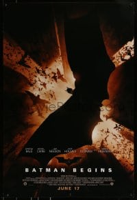 9g158 BATMAN BEGINS advance 1sh 2005 June 17, image of Christian Bale in title role flying w/bats!