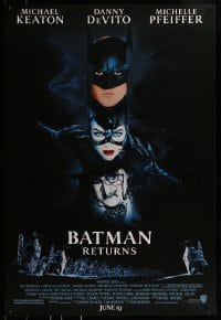 9g164 BATMAN RETURNS advance 1sh 1992 Burton, Keaton, DeVito, Pfeiffer, cool white date design!