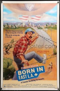 9g214 BORN IN EAST L.A. 1sh 1987 great artwork of Cheech Marin crossing the border!