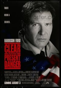 9g248 CLEAR & PRESENT DANGER advance 1sh 1994 great portrait of Harrison Ford and American flag!