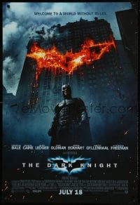 9g278 DARK KNIGHT advance DS 1sh 2008 Christian Bale as Batman in front of burning bat symbol!