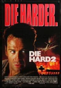 9g293 DIE HARD 2 int'l DS 1sh 1990 tough guy Bruce Willis, image of airplane and fire over airport!
