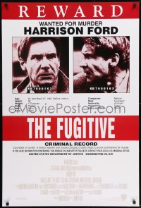 9g375 FUGITIVE recalled int'l 1sh 1990s Harrison Ford is on the run, cool wanted poster design!