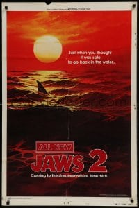 9g506 JAWS 2 style B teaser 1sh 1978 classic art of man-eating shark's fin in red water at sunset!