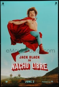 9g669 NACHO LIBRE teaser DS 1sh 2006 side image of Mexican luchador wrestler Jack Black in mid-air!