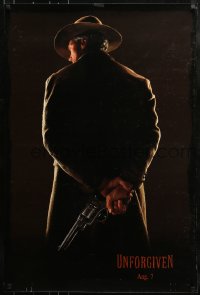 9g951 UNFORGIVEN teaser DS 1sh 1992 image of gunslinger Clint Eastwood w/back turned, dated design!