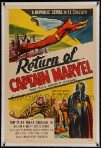 9h003 ADVENTURES OF CAPTAIN MARVEL linen 1sh R1953 art of Tom Tyler in costume & villain, serial!