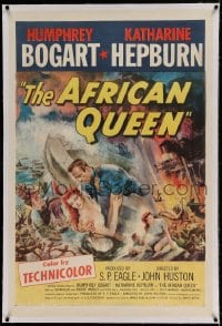 9h004 AFRICAN QUEEN linen 1sh 1952 colorful montage artwork of Humphrey Bogart & Katharine Hepburn!