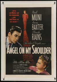 9h006 ANGEL ON MY SHOULDER linen 1sh 1946 artwork of Paul Muni, Claude Rains, pretty Anne Baxter!