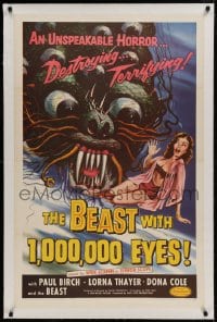 9h009 BEAST WITH 1,000,000 EYES linen 1sh 1955 art of monster attacking sexy girl by Albert Kallis!