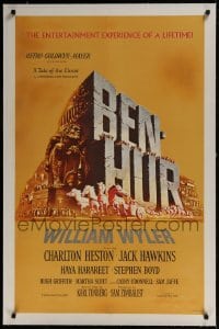 9h011 BEN-HUR linen 1sh 1960 Charlton Heston, William Wyler classic epic, cool chariot & title art!