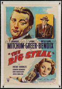 9h012 BIG STEAL linen 1sh 1949 art of Robert Mitchum, Jane Greer & William Bendix with gun!