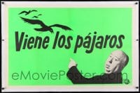 9h013 BIRDS linen Spanish/US teaser 1sh 1963 horizontal image of Hitchcock saying they're coming!