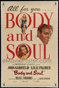 9h018 BODY & SOUL linen int'l 1sh 1947 art of boxer John Garfield, Lilli Palmer & sexy Hazel Brooks!