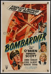 9h019 BOMBARDIER linen 1sh R1950 Pat O'Brien, Randolph Scott, America's winged fury in action, rare!