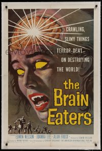 9h023 BRAIN EATERS linen 1sh 1958 AIP, classic sci-fi horror art of girl's brain exploding!