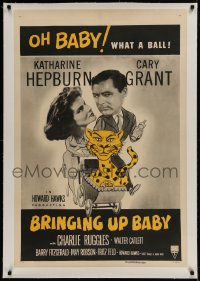 9h025 BRINGING UP BABY linen 1sh R1955 Katharine Hepburn, Cary Grant, great different leopard art!