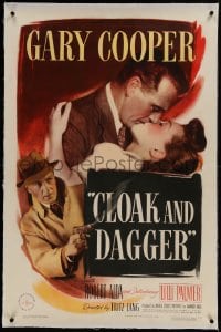 9h036 CLOAK & DAGGER linen 1sh 1946 romantic close up of Gary Cooper & Lilli Palmer, Fritz Lang