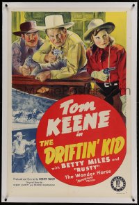 9h049 DRIFTIN' KID linen 1sh 1941 cool stone litho of Tom Keene & companions with their guns drawn!