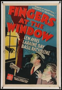 9h057 FINGERS AT THE WINDOW linen 1sh 1942 art of Lew Ayres & Laraine Day + Rathbone's shadow!