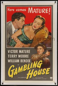 9h063 GAMBLING HOUSE linen 1sh 1951 art of Victor Mature lusting after Terry Moore, William Bendix!