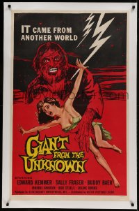 9h064 GIANT FROM THE UNKNOWN linen 1sh 1958 art of monster Buddy Baer grabbing near-naked girl!
