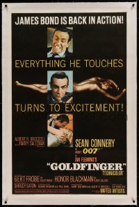 9h065 GOLDFINGER linen glossy finish 1sh 1964 three great images of Sean Connery as James Bond 007!