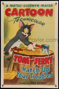 9h072 HATCH UP YOUR TROUBLES linen 1sh 1949 cartoon art of Tom holding Jerry on the chopping block!