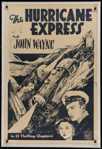 9h079 HURRICANE EXPRESS linen 1sh R30s art of young John Wayne, Shirley Grey & trains crashing!